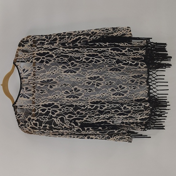 Anthropologie Ryu Black Lace Mesh Open Kimono Cardigan Size Medium w Fringe - Picture 8 of 8